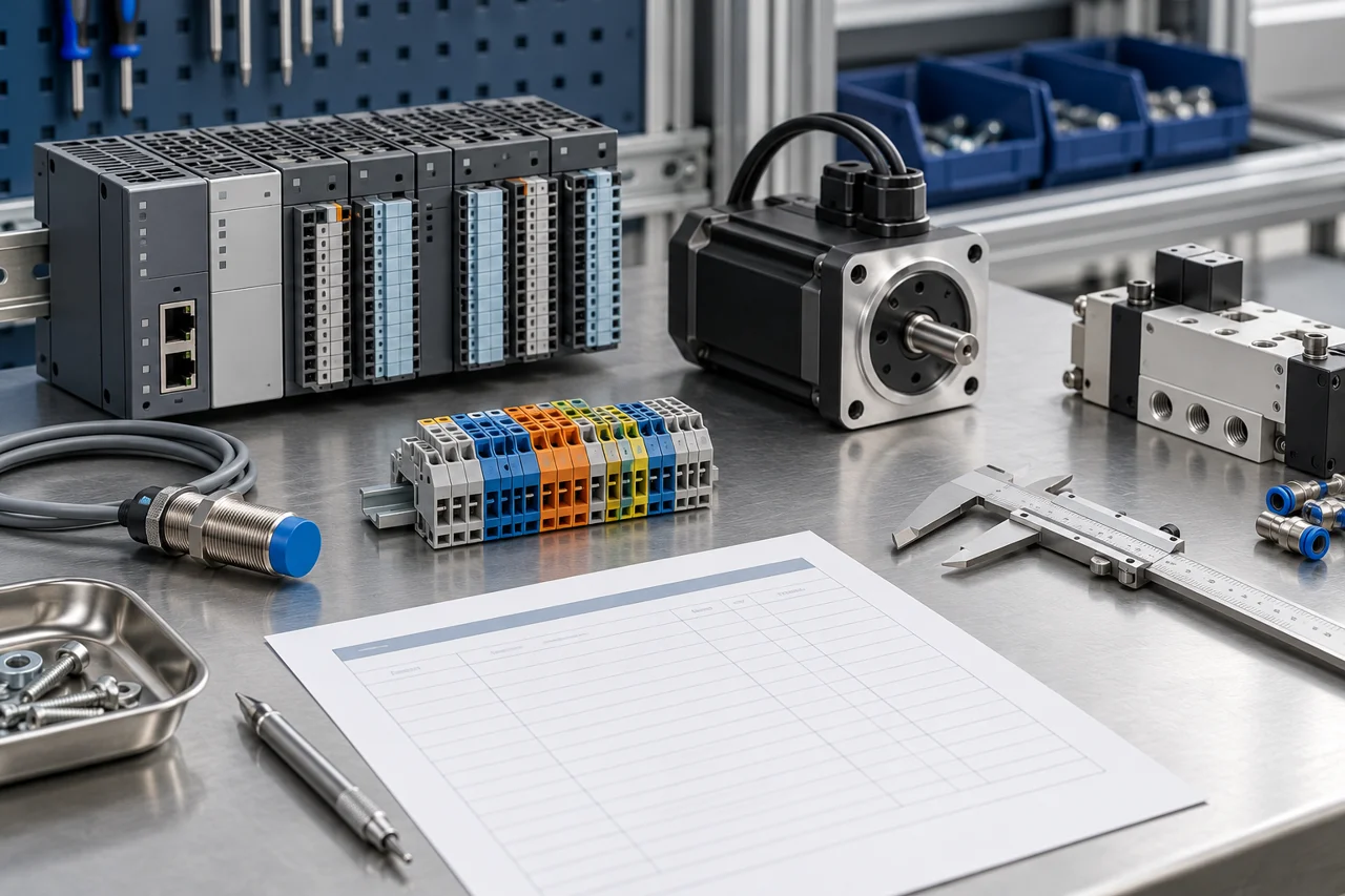 Industrial components and a parts list arranged on a workbench