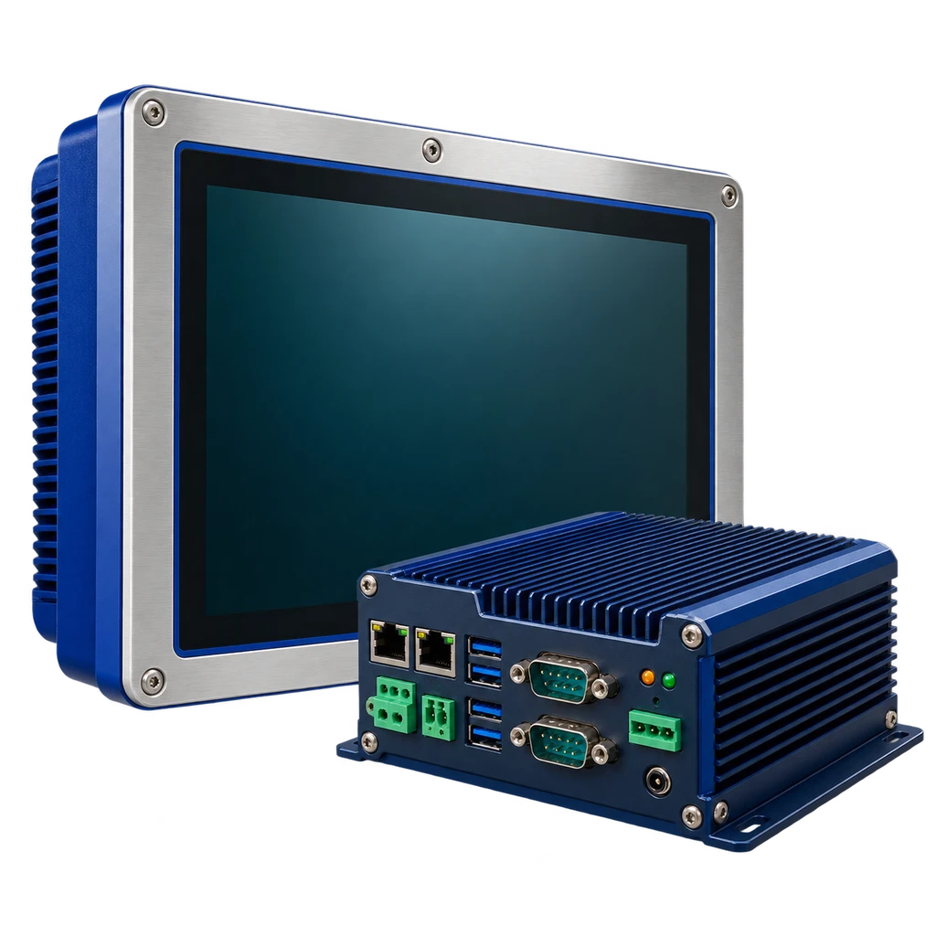 Industrial touchscreen HMI operator panel with a dark display