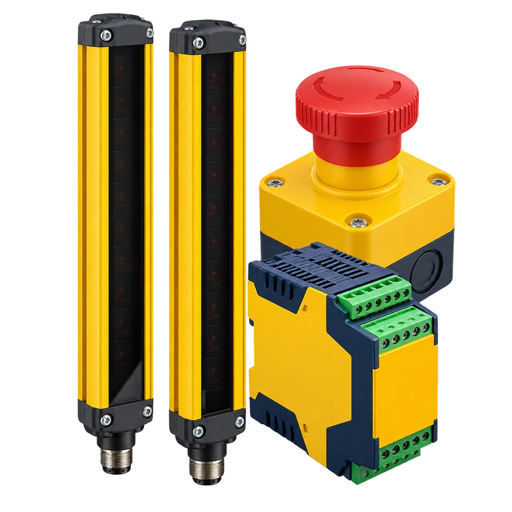 Safety light curtain pair, emergency stop button and safety relay