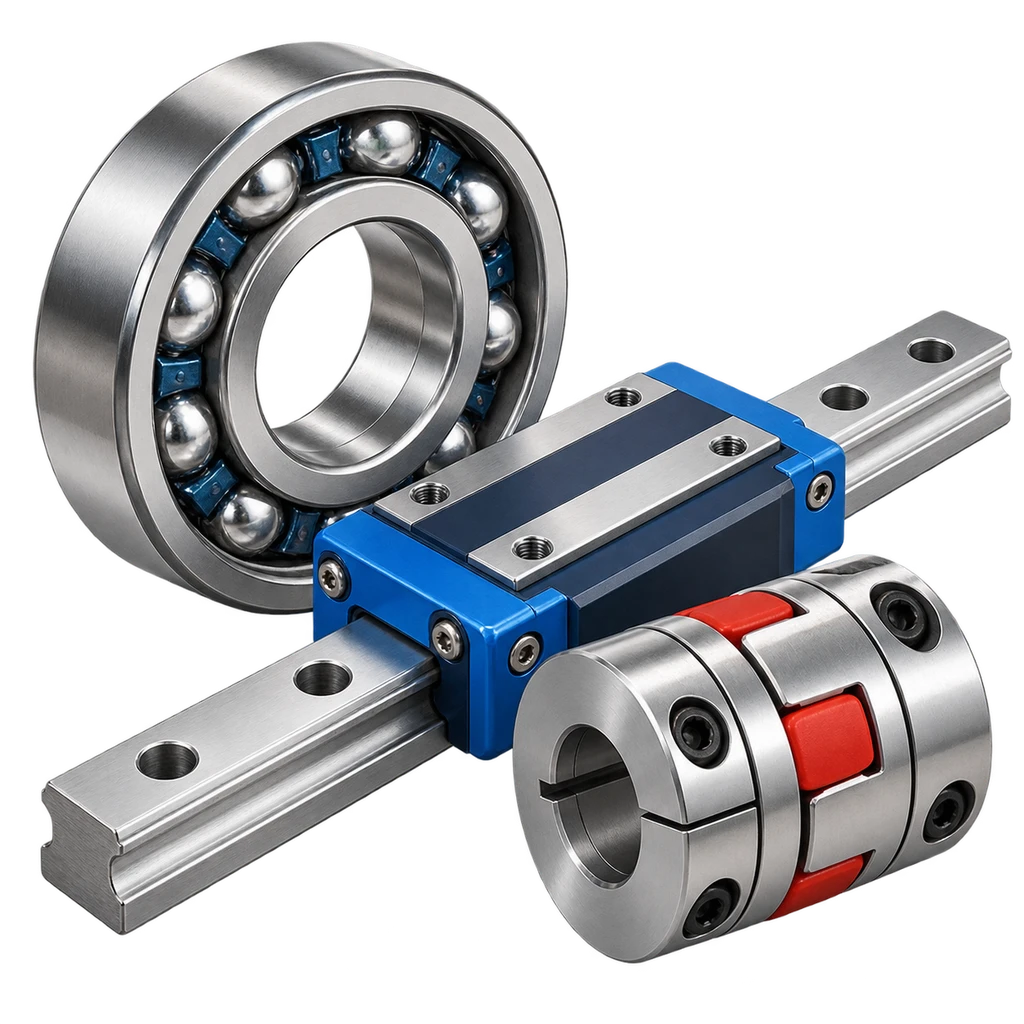 Industrial ball bearing, linear guide rail and flexible shaft coupling