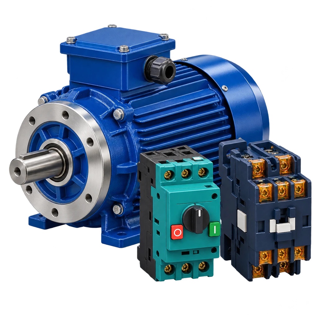 Industrial AC motor with motor starter and contactor components