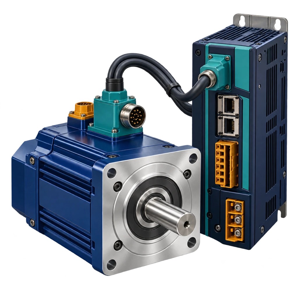 Industrial servo motor alongside a compact servo drive